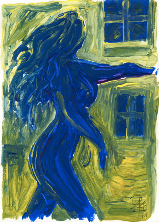 Akt in Bewegung vor Hauswand. 绘画, 8.3x5.9 in