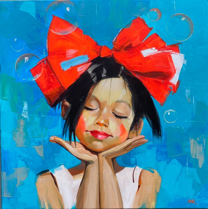 My Cute Girl - Original Acrylic Painting on Canvas 绘画, 19.7x19.7 in