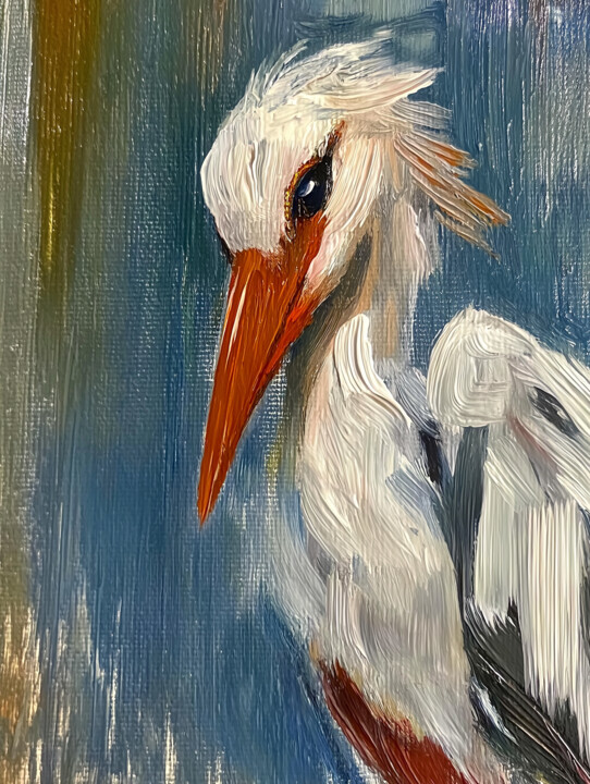 Stork with orange beak in blue sky 绘画, 11.8x7.9 in