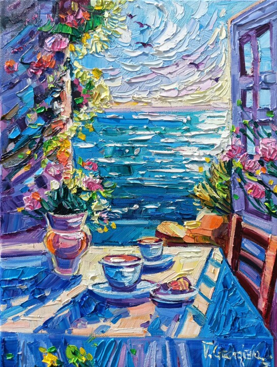 Painting titled "Terrace on Amalfi c…" by Vanya Georgieva, Original Artwork, Oil Mounted on Wood Stretcher frame