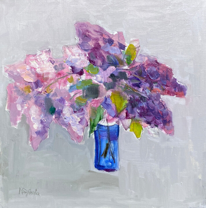 Oil painting Lilac in a blue vase on gray Pittura, 19,7x19,7 in