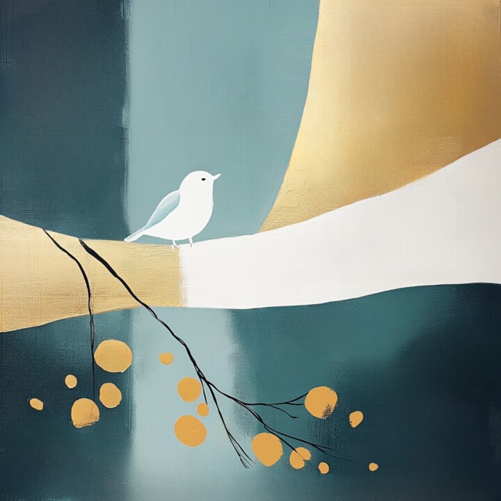 Serene Bird on a Branch – Gold & White Abstract Painting 数字艺术