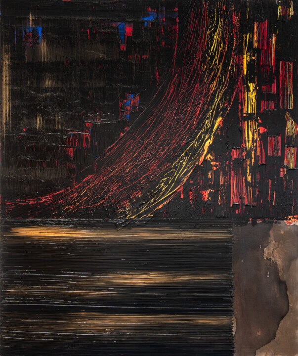 Schilderij getiteld "Inferna Lux" door Björn Wiedemann, Origineel Kunstwerk, Acryl Gemonteerd op Frame voor houten brancard