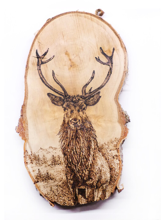 Gravures & estampes intitulée "Deer - pirography a…" par Jakub Kossakowski (Art After Hours), Œuvre d'art originale, Bois