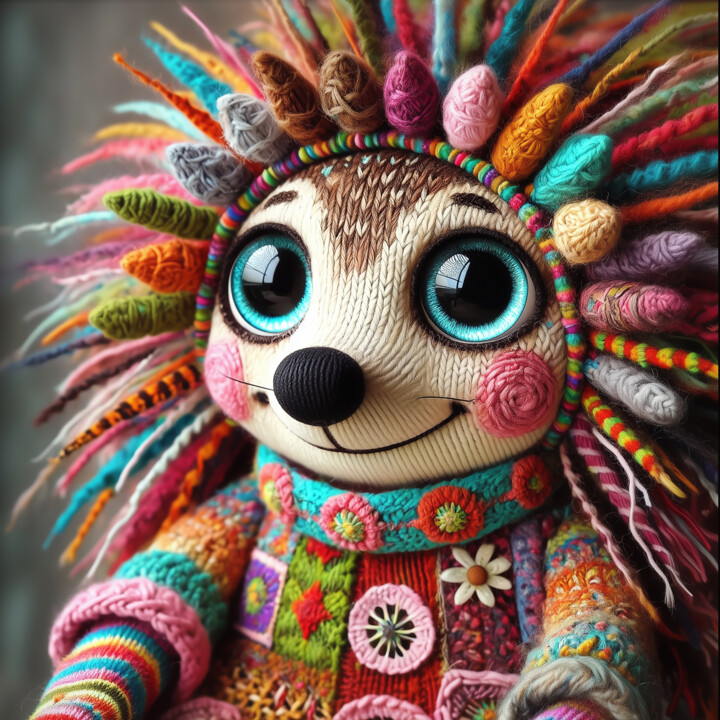 Vibrant Knitted Hedgehog with Multicolored Quills 数字艺术