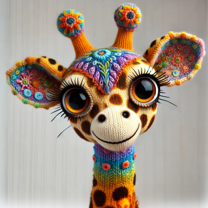 Charming Knitted Giraffe with Embroidered Crown 数字艺术