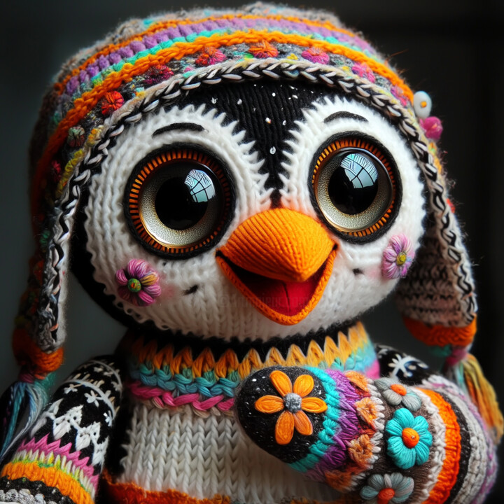Charming Knitted Penguin with Floral Wing 数字艺术