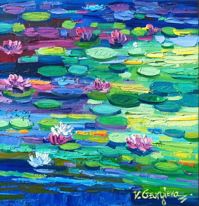 Painting titled "Water lilies reflec…" by Vanya Georgieva, Original Artwork, Oil Mounted on Wood Stretcher frame