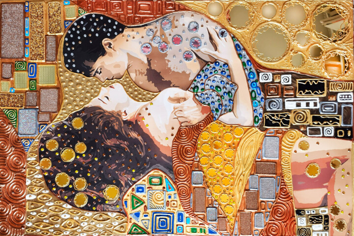 Love couple Klimt style original painting man woman portrait 绘画, 19.7x29.5 in