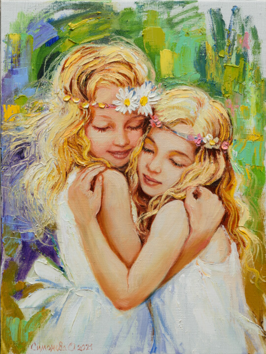 Sisterly Embrace: High-Quality Reproduction 绘画, 15.8x11.8 in