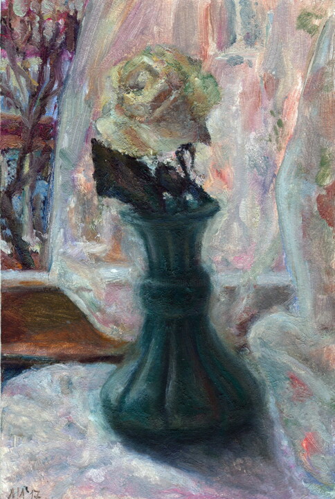 White rose in green vase oil painting 绘画, 11.8x7.9 in