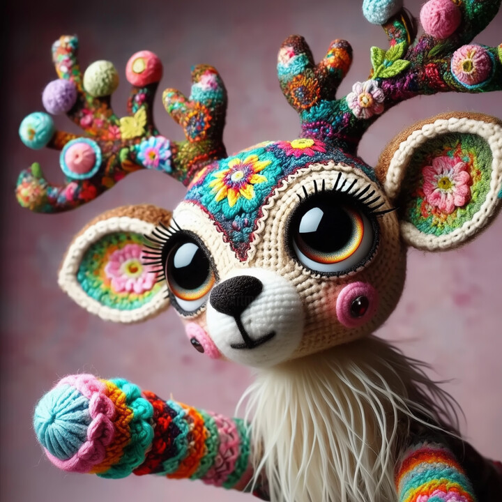 Charming Knitted Deer with Floral Antlers 数字艺术