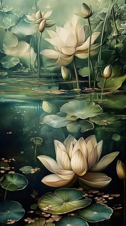 white lotuses and green lotus leaves 数字艺术