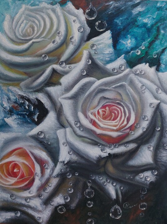 Painting titled "Роса и розы" by Nadezhda Potekhina, Original Artwork, Oil