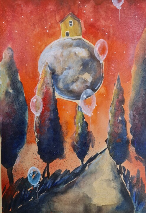 Painting titled "House in the Sky" by Evgenia Smirnova, Original Artwork, Watercolor