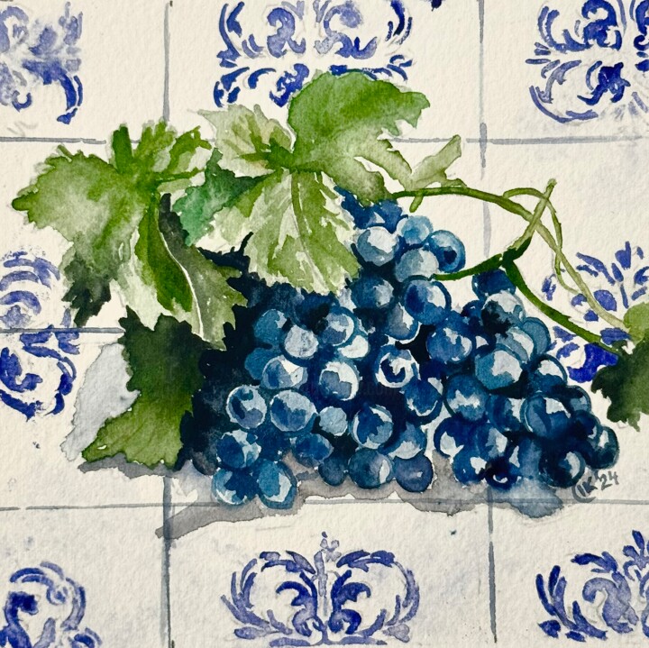 Portuguese Harvest on Azulejo Time – Grapes Mini 2 Tablo, 4,3x4,3 in
