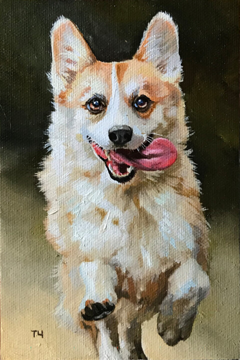 Corgi Puppy 绘画, 5.9x3.9 in