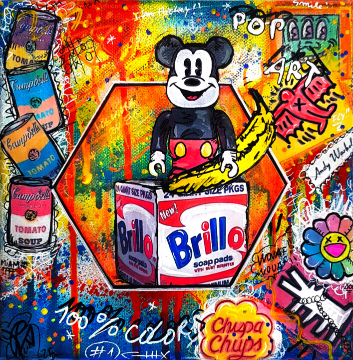 Tableau Mickey Pop Art Coloré Bearbrick Brillo Unique Schilderij, 7,9x7,9 in
