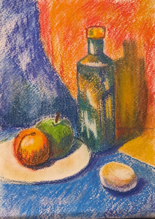 A Pastel Still Life with Bottle, Egg and Apples 绘画, 8.3x11.8 in
