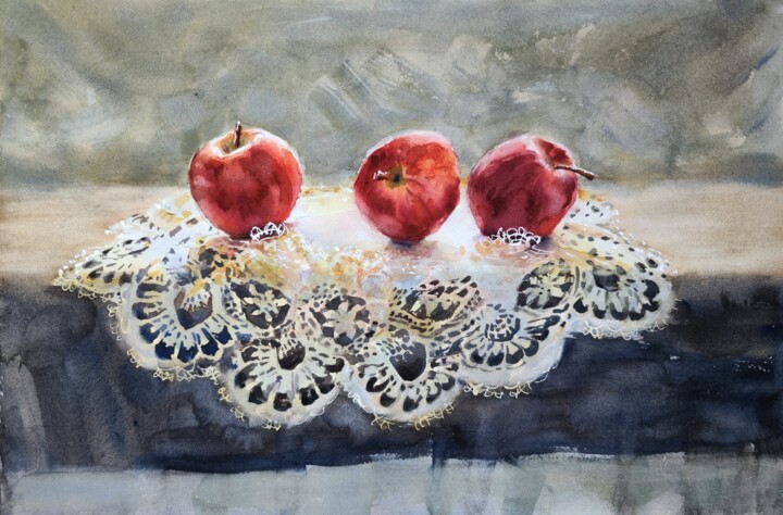 绘画 标题为“Red apples on the t…” 由Ibolya Taligas, 原创艺术品, 水彩