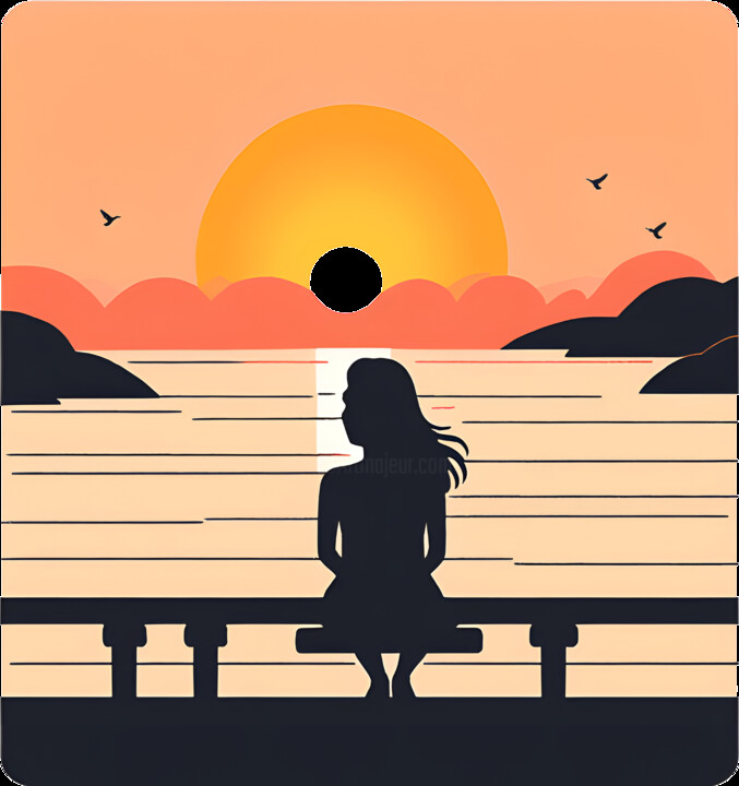 Silhouette Of A Girl Watching Sunset by the Seaside#3 数字艺术