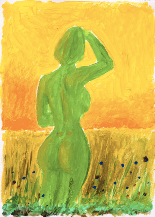 Grüner Rückenakt vor Kornfeld. 绘画, 8.3x5.9 in