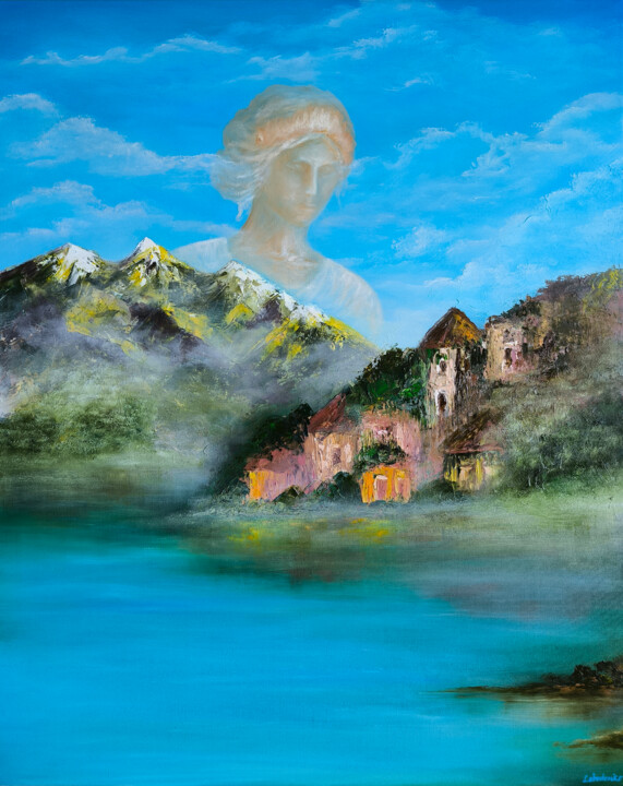 Nature, spirit, divine, lake, life - navy, sky, beige Tablo, 39,4x31,5 in