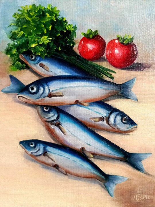 Sardines et tomates cerises. Peinture à l'huile . Peinture, 9,5x7,1 in