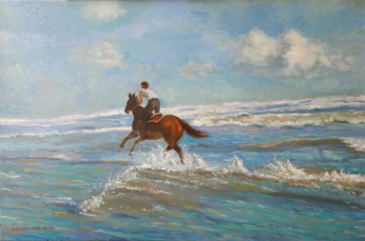 Painting titled "Auckland Piha Beach" by Linaweek, Original Artwork, Oil Mounted on Wood Stretcher frame