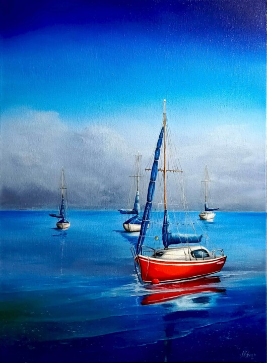 Paysage marin avec yacht rouge. Baie de la mer. Картина, 27,6x19,7 in