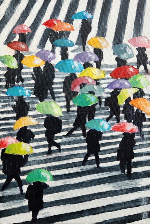 Painting titled "Shibuya I" by Guy Terrier, Original Artwork, Acrylic Mounted on Wood Stretcher frame