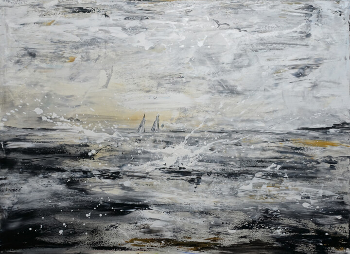 Überfahrt - abstraktes Landschaftsbild Segelboote Küste Meer Schilderij, 39,4x53,2 in