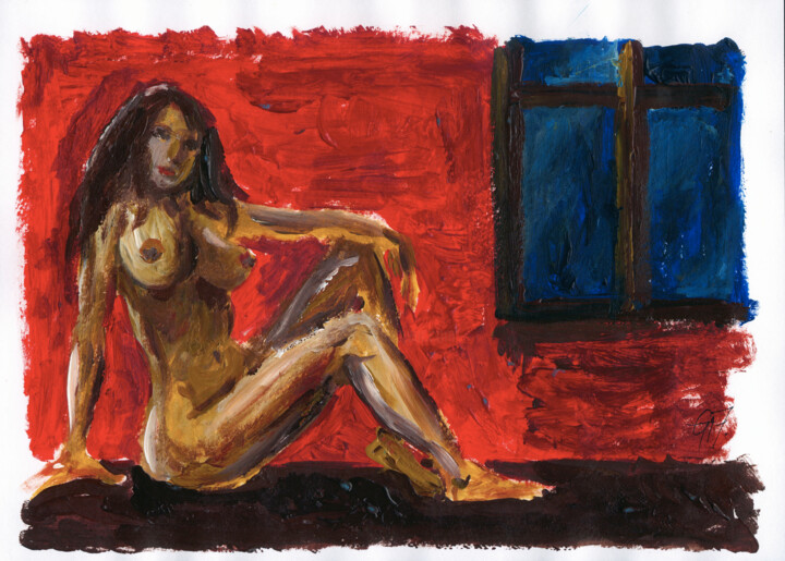 Akt vor Fenster. 绘画, 8.3x11.4 in