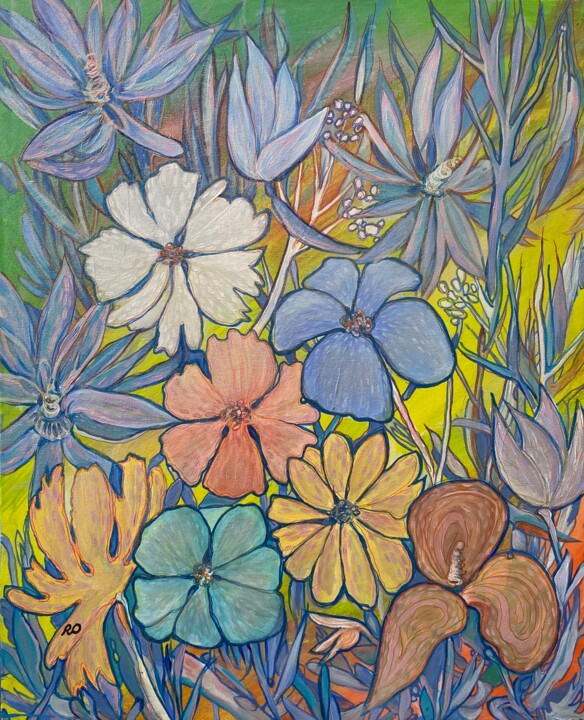 Pintura titulada "Garden Elves" por Olga Rokhmanyuk (ROArtUS), Obra de arte original, Acrílico Montado en Bastidor de camill…