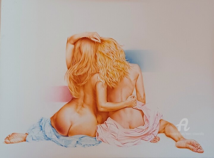 Schilderij getiteld "Deux...?" door Marc Ciavarella, Origineel Kunstwerk, Olie Gemonteerd op Frame voor houten brancard
