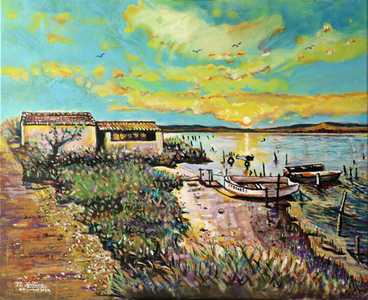Coucher de soleil sur l'étang de l'Arnel 绘画, 19.7x24 in