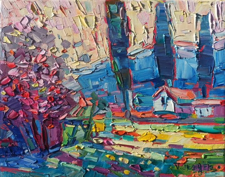 Painting titled "Morning in the Vill…" by Vanya Georgieva, Original Artwork, Oil Mounted on Wood Stretcher frame