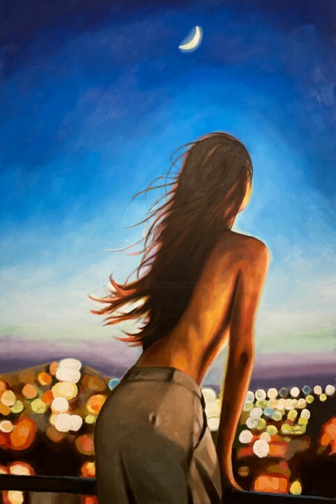 Painting titled "Crescent moon" by Thomas Saliot, Original Artwork, Oil