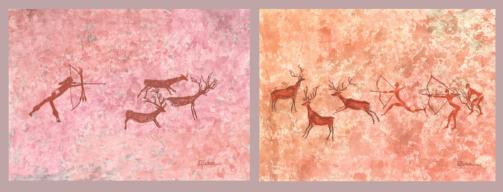 Prehistoric hunters. Diptych 绘画, 11.8x15.8 in