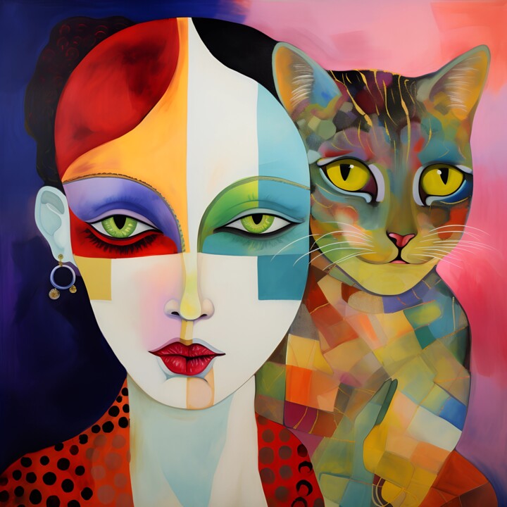 Retro-Futuristic Canvas: Woman & Cat in Rothko’s Palette 数字艺术