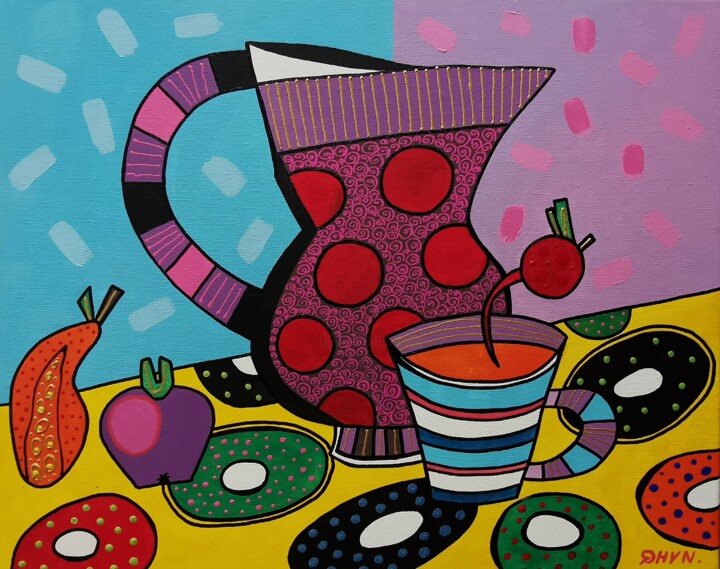 Naive Still Life Painting with Jug. 绘画, 15.8x19.7 in