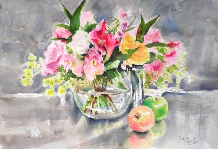 绘画 标题为“Flowers and Apples” 由Ibolya Taligas, 原创艺术品, 水彩