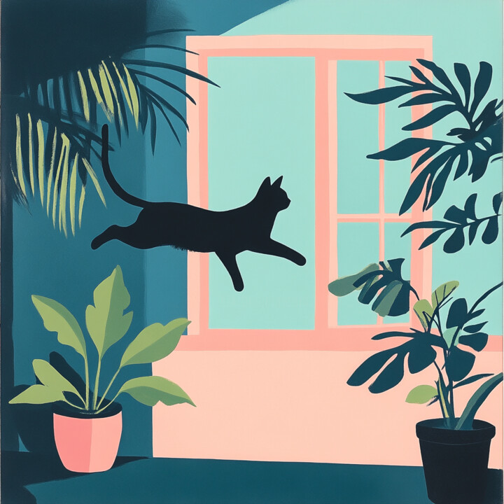Painting titled "Flying cat in the f…" by Tanya Tapioco, Original Artwork, Acrylic