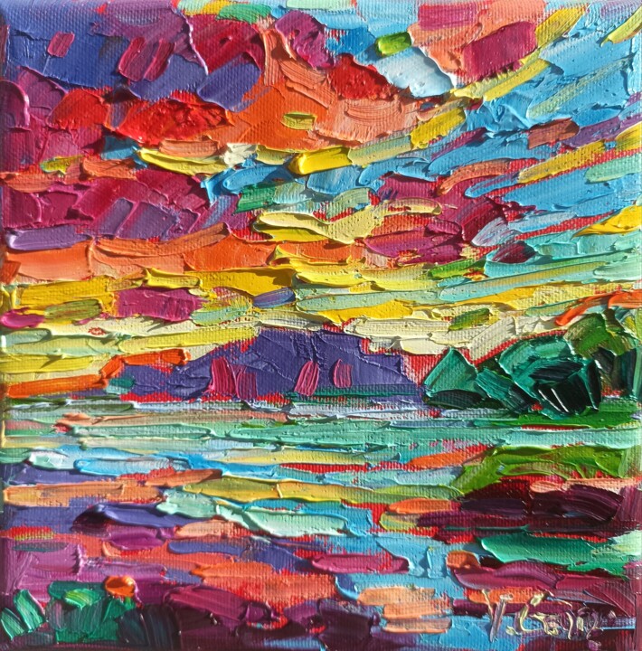 Painting titled "Clouds on the pond" by Vanya Georgieva, Original Artwork, Oil Mounted on Wood Stretcher frame