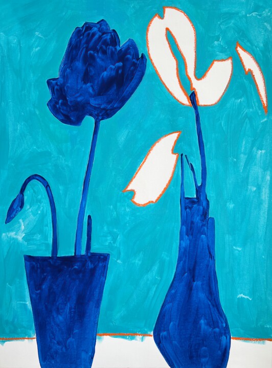 Flowers on Blue Background Painting, 36.6x27.6 in