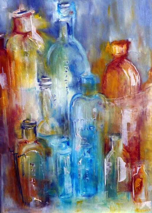 Painting titled "les bouteilles chin…" by Yveline Javer, Original Artwork, Oil