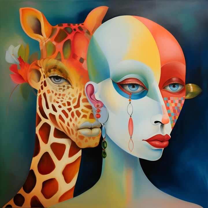Anthropomorphic Giraffe Meets Colorful Beauty in Surrealism 数字艺术