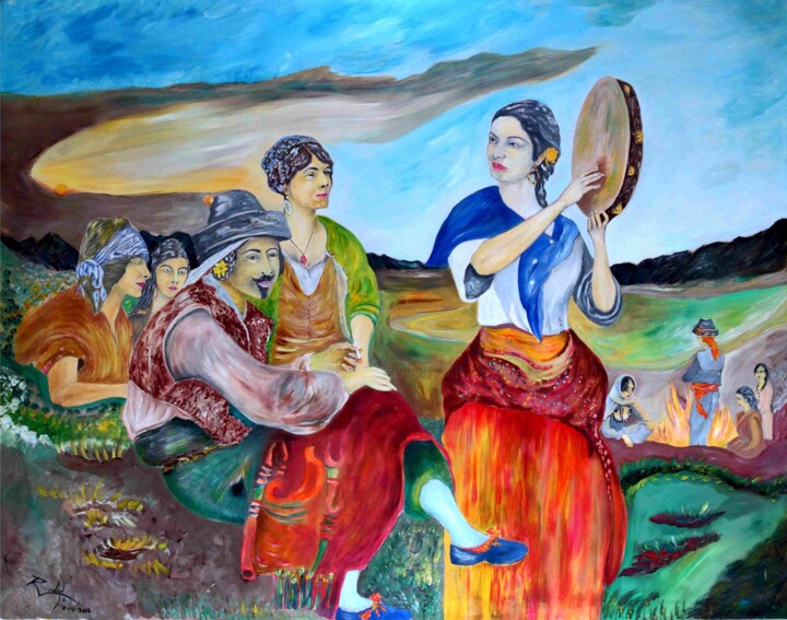 Peinture intitulée "Gitanos Andaluces.…" par Rodolfo V Ortiz, Œuvre d'art originale, Huile Monté sur Châssis en bois
