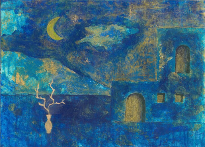 Moonlit Dreams – Abstract Nightscape in Shades of Blue 绘画, 7.9x11.8 in