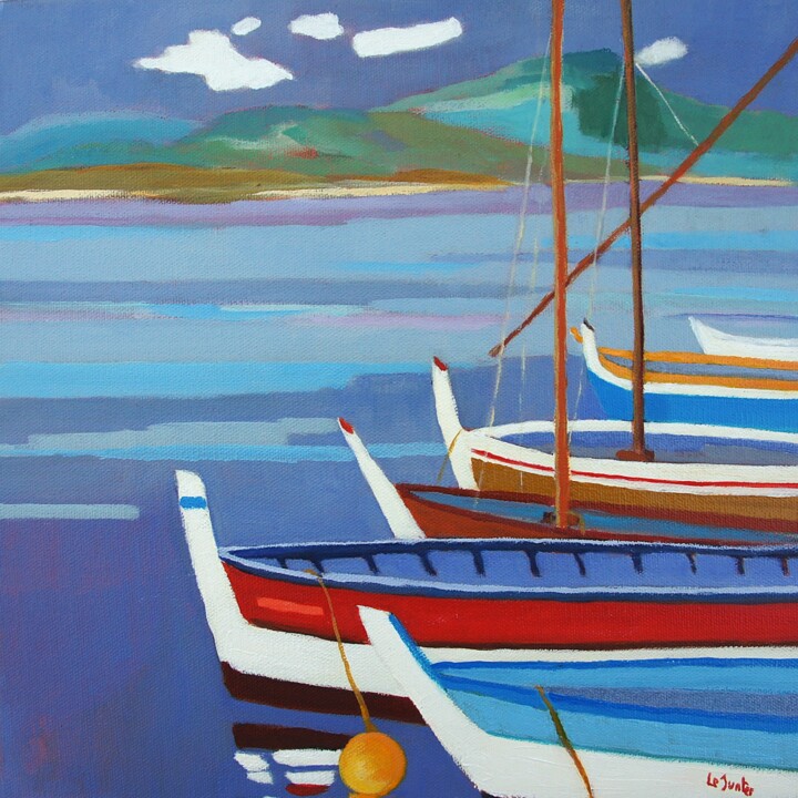 Peinture intitulée "Pointus dans le por…" par Jean-Noël Le Junter, Œuvre d'art originale, Huile Monté sur Châssis en bois